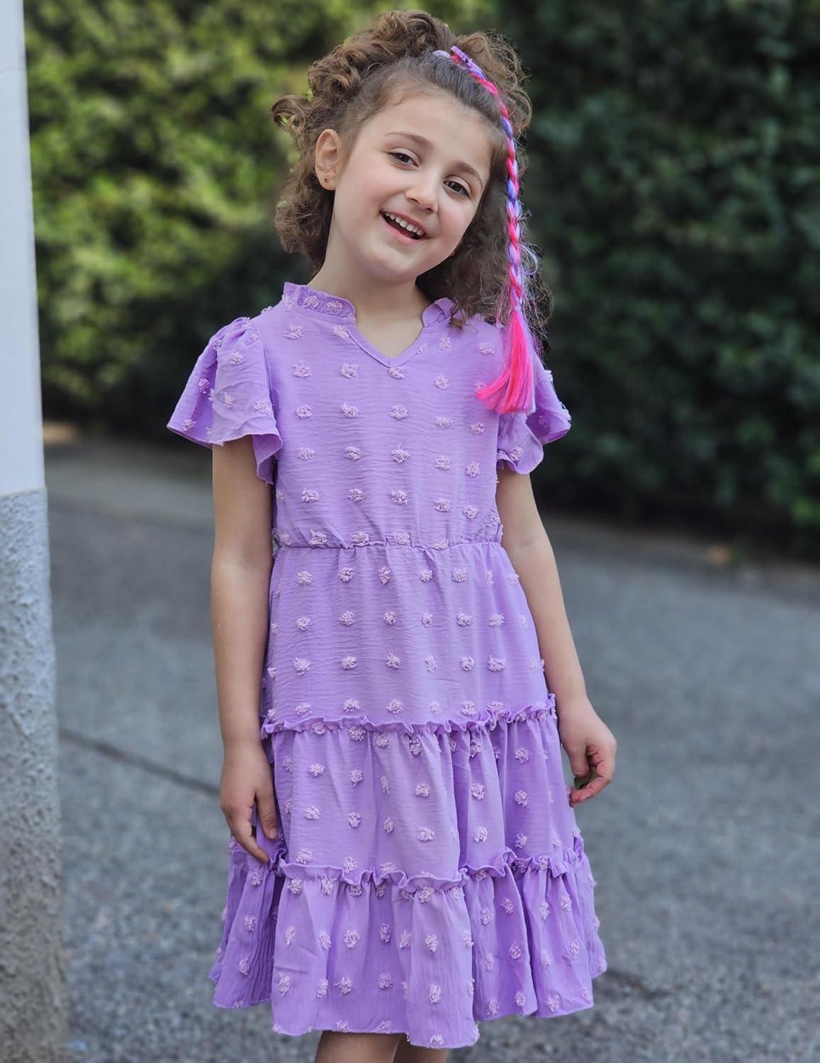 image:imageArshiner Girls 2025 Summer Dresses Pom Poms Flutter Ruffle Sleeve Midi Polka Dot V Neck Dress with PocketsLilac