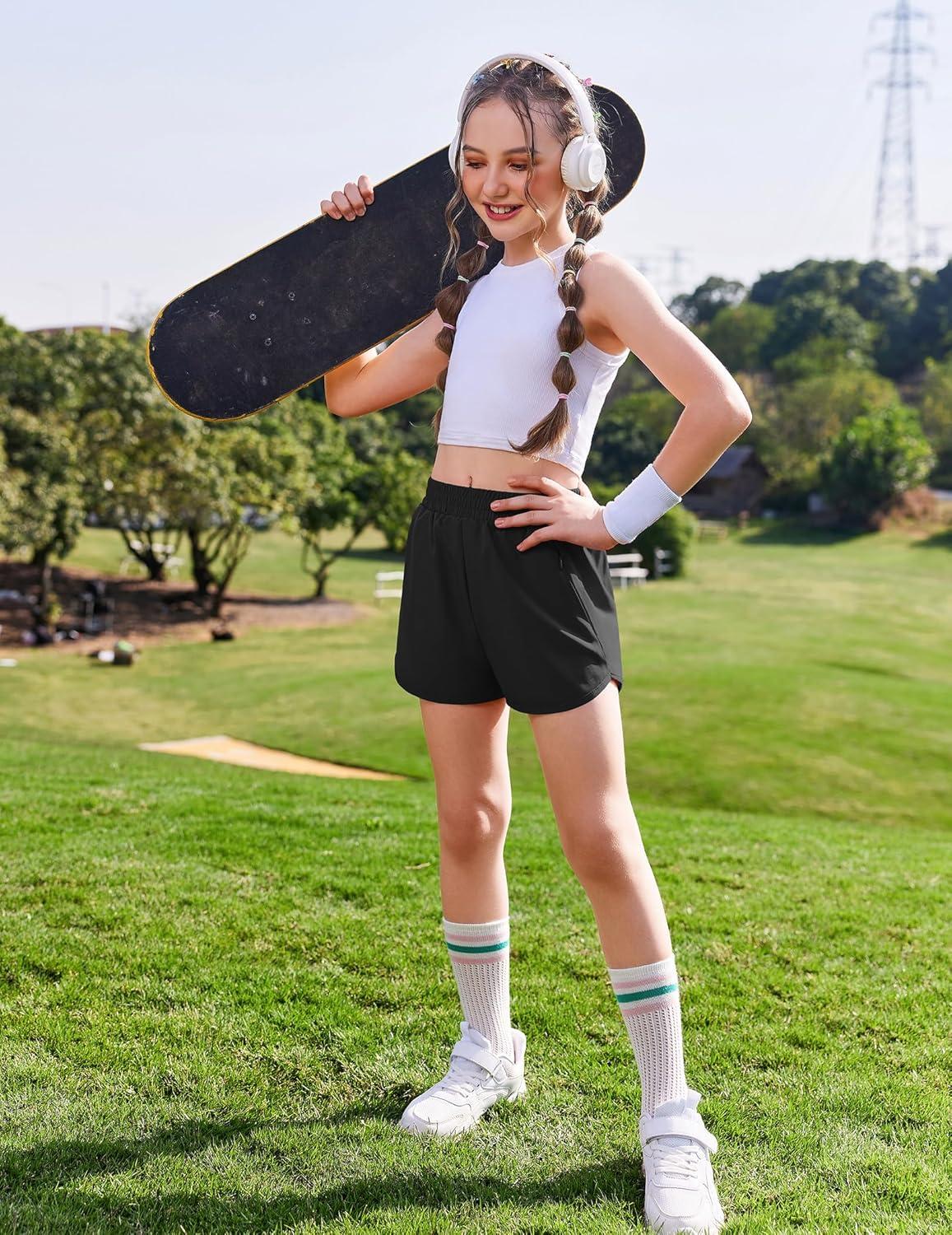 image:imageArshiner Girls Athletic Shorts with 3 Zipper Pockets Running Shorts Basketball Soccer Gym Sports Active with Liner KidsBlack