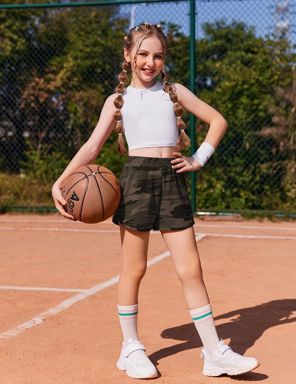 image:imageArshiner Girls Athletic Shorts with 3 Zipper Pockets Running Shorts Basketball Soccer Gym Sports Active with Liner KidsCamouflage
