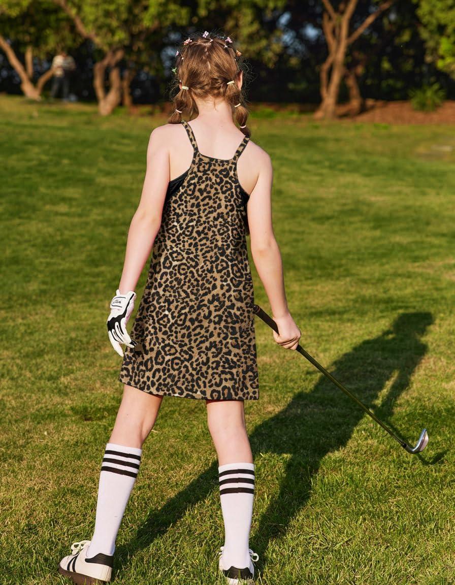 image:imageArshiner Girls Dress with Shorts Casual Summer Spaghetti Straps One Piece Romper Dresses with Pockets for Kid 515 YLeopard