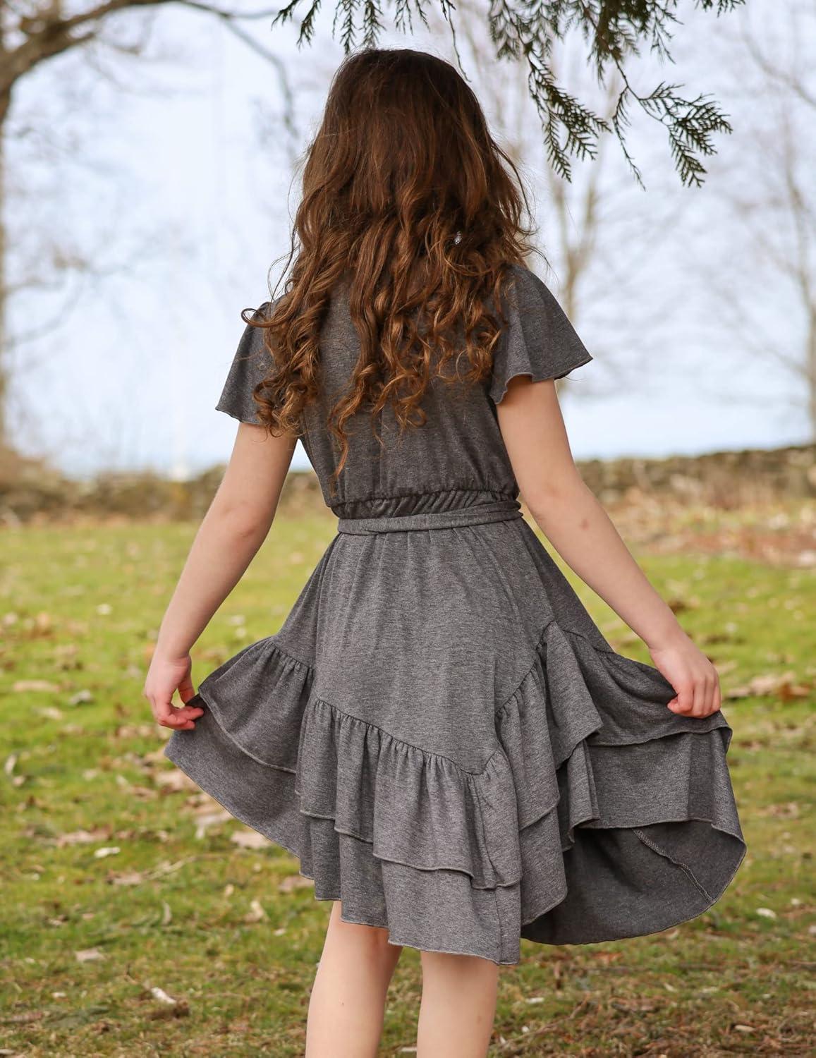 image:imageArshiner Girls Dresses Loose Plain Casual Ruffle Swing Midi Dress with Belt for 514 YearsGray