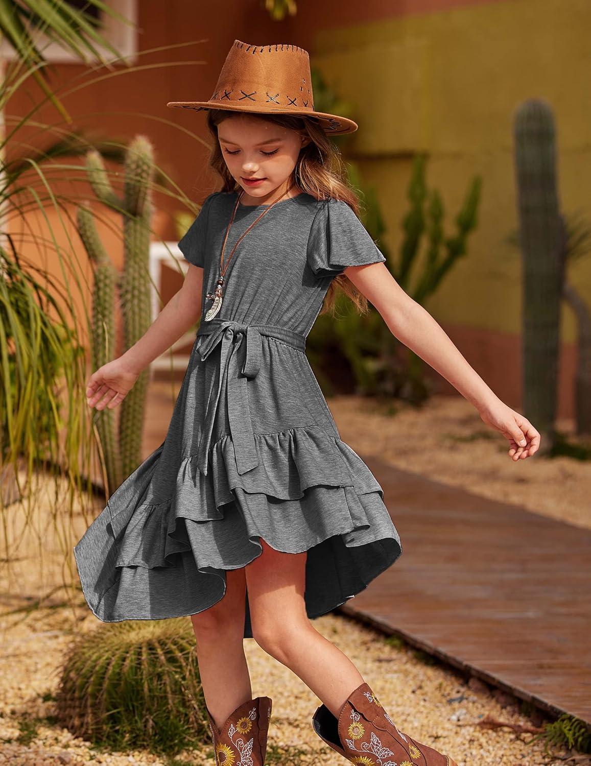 image:imageArshiner Girls Dresses Loose Plain Casual Ruffle Swing Midi Dress with Belt for 514 YearsGray