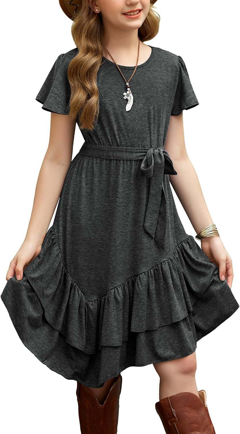 image:imageArshiner Girls Dresses Loose Plain Casual Ruffle Swing Midi Dress with Belt for 514 YearsGray
