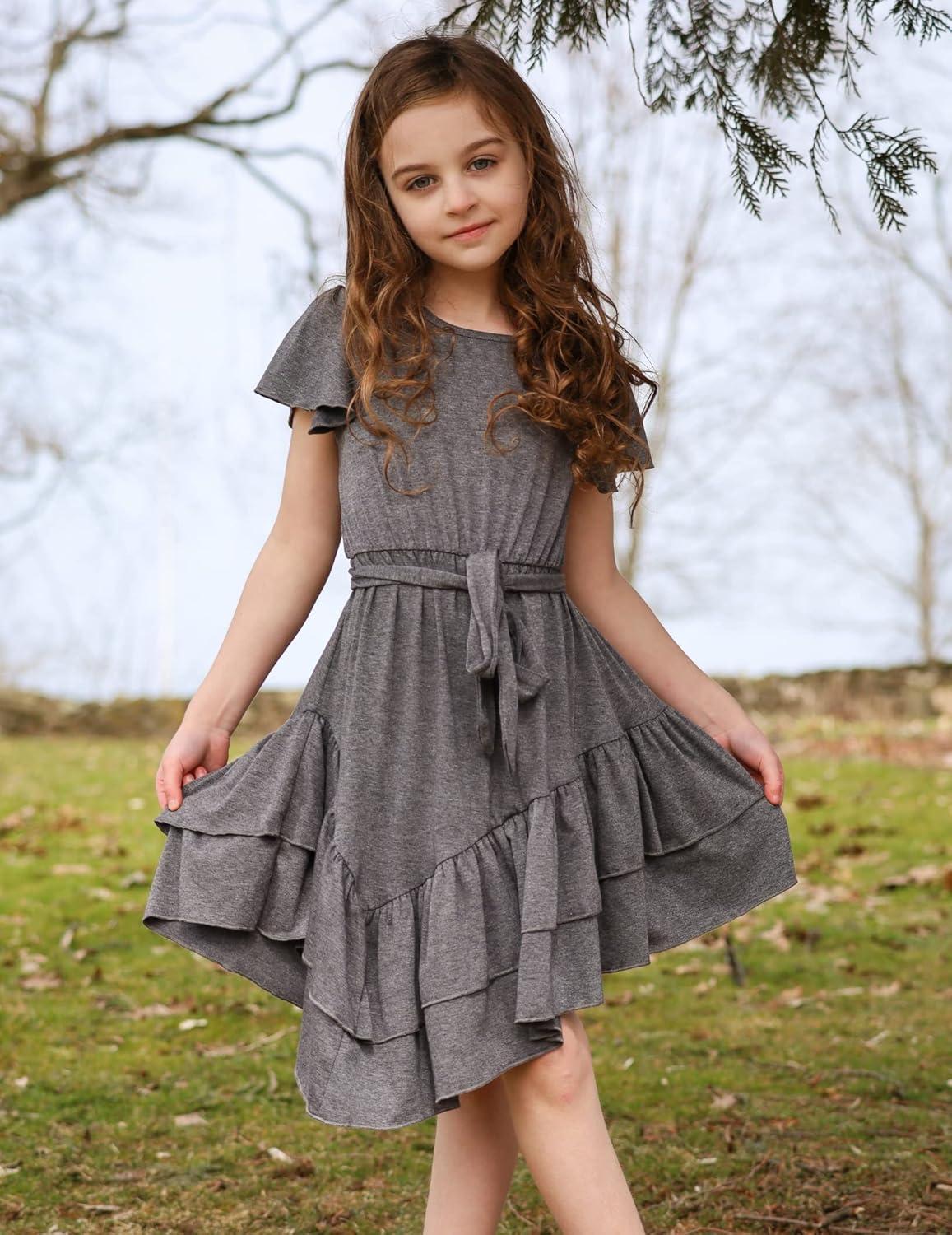 image:imageArshiner Girls Dresses Loose Plain Casual Ruffle Swing Midi Dress with Belt for 514 YearsGray