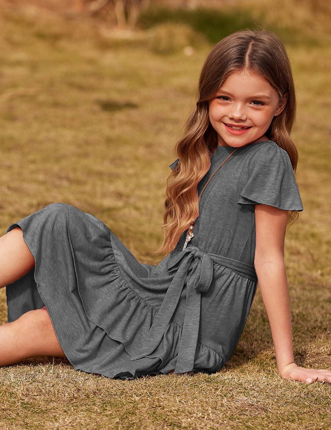 image:imageArshiner Girls Dresses Loose Plain Casual Ruffle Swing Midi Dress with Belt for 514 YearsGray