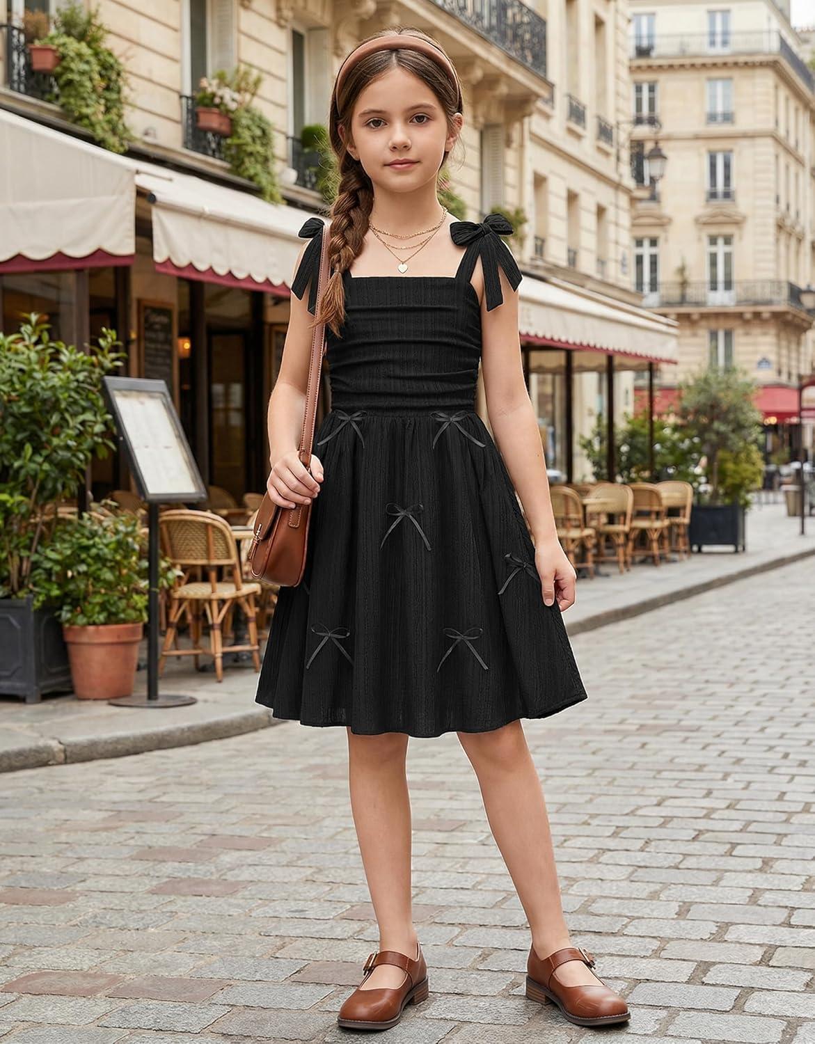 image:imageArshiner Girls Dresses Ruched Smocked Back Spaghetti Strap Bow Summer Boho Beach Party SundressBlack