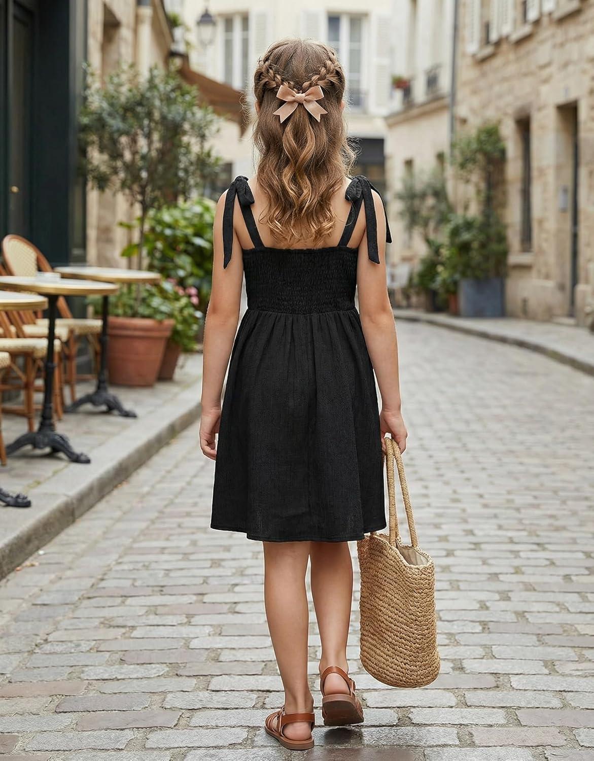 image:imageArshiner Girls Dresses Ruched Smocked Back Spaghetti Strap Bow Summer Boho Beach Party SundressBlack
