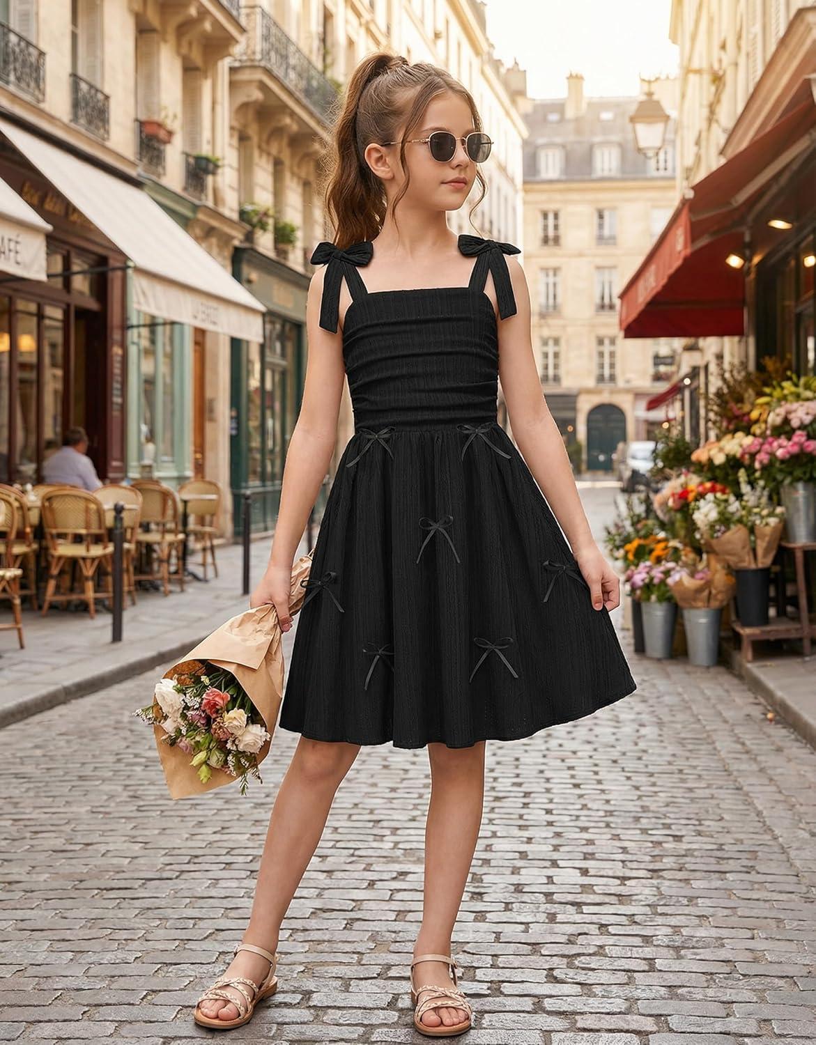 image:imageArshiner Girls Dresses Ruched Smocked Back Spaghetti Strap Bow Summer Boho Beach Party SundressBlack
