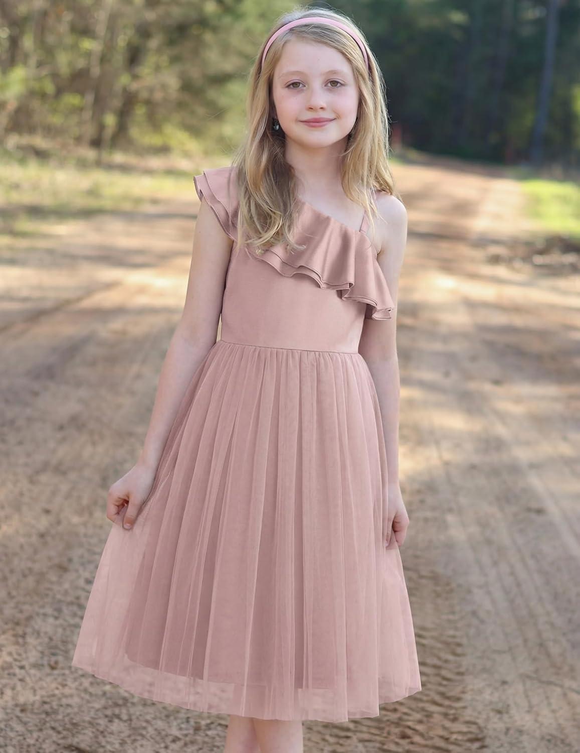 image:imageArshiner Girls Dresses Ruffle Trim Off Shoulder Formal Wedding Party Fancy Summer Tulle Dress for 614 YearsDusty Pink