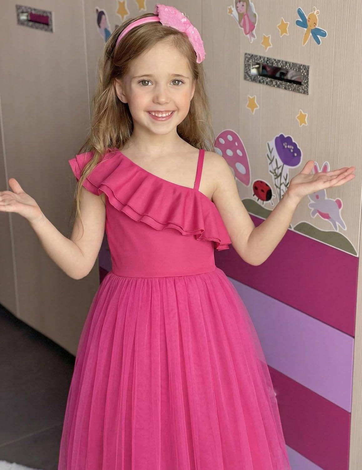 image:imageArshiner Girls Dresses Ruffle Trim Off Shoulder Formal Wedding Party Fancy Summer Tulle Dress for 614 YearsHot Pink