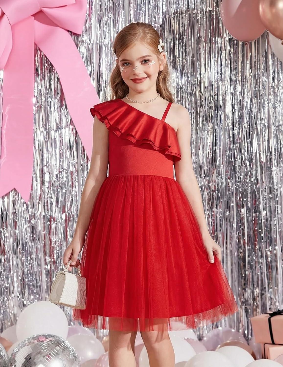 image:imageArshiner Girls Dresses Ruffle Trim Off Shoulder Formal Wedding Party Fancy Summer Tulle Dress for 614 YearsRed