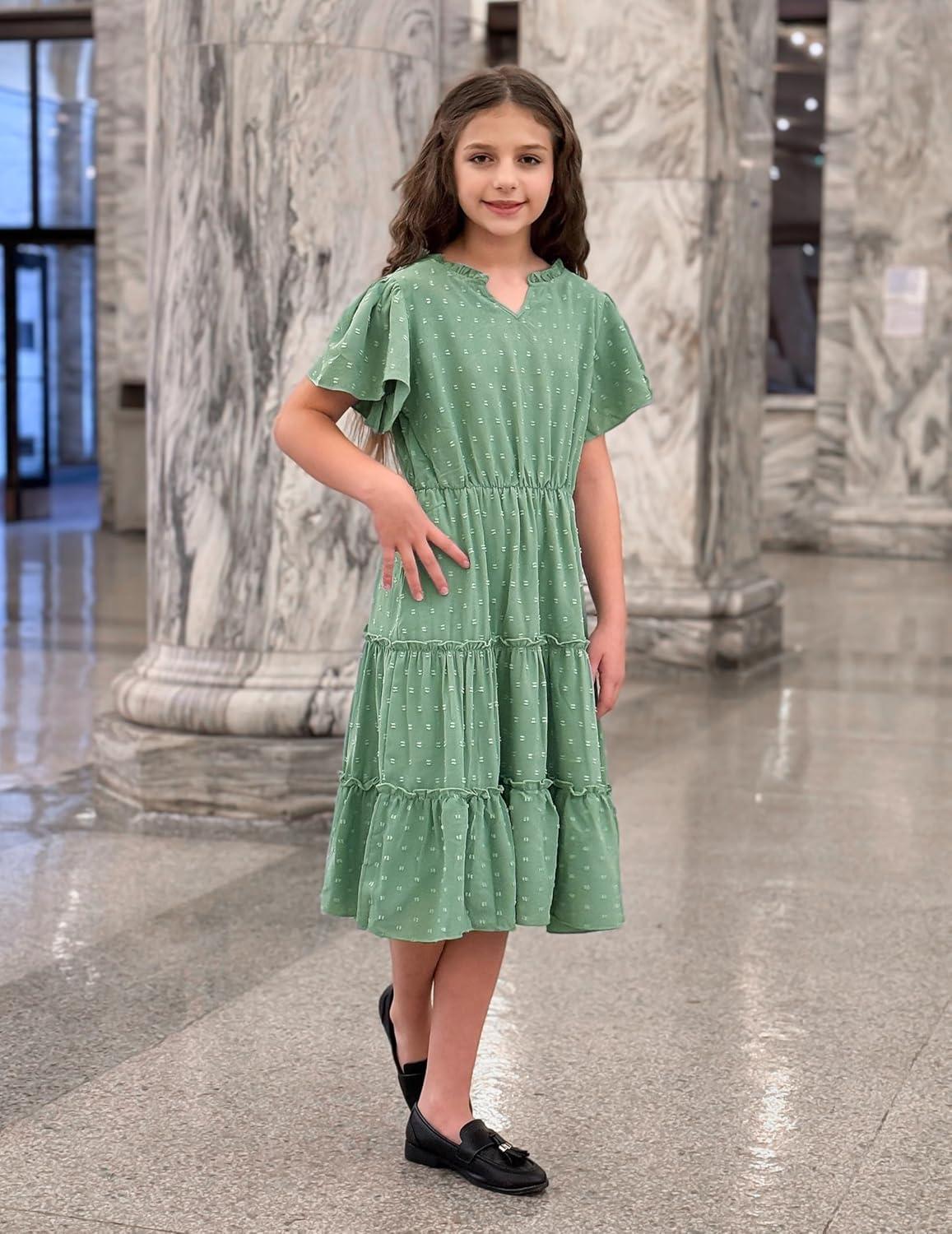 image:imageArshiner Girls Dresses Summer Ruffle Sleeve Swiss Dot V Neck Twirl Birthday Party Midi Dress with PocketsLight Green
