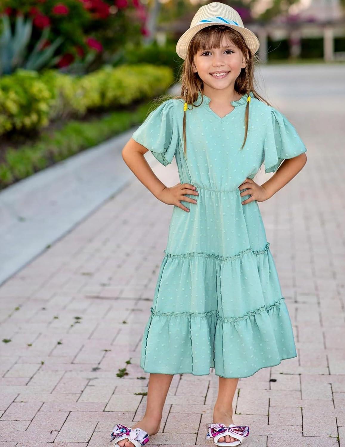 image:imageArshiner Girls Dresses Summer Ruffle Sleeve Swiss Dot V Neck Twirl Birthday Party Midi Dress with PocketsLight Green