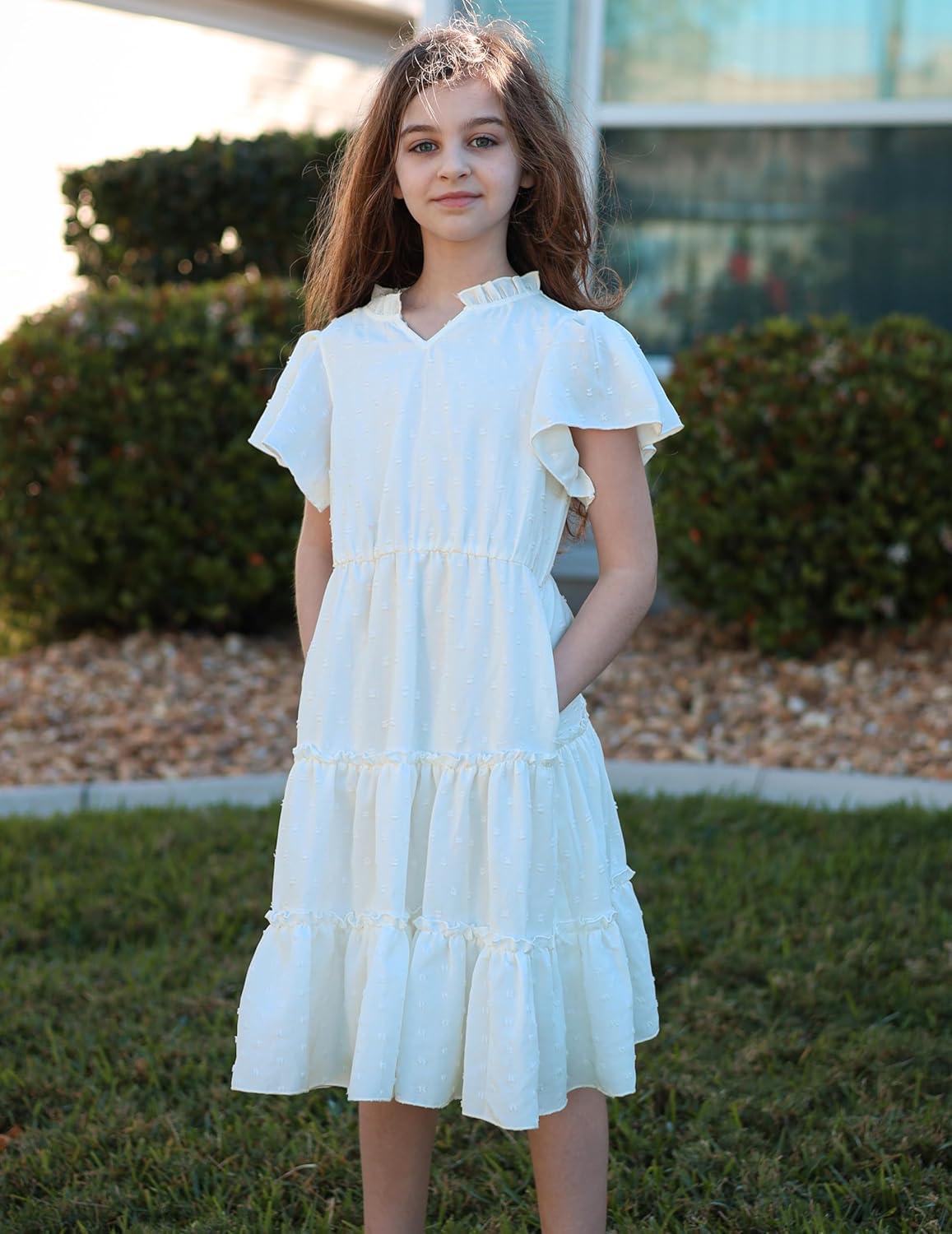 image:imageArshiner Girls Dresses Summer Ruffle Sleeve Swiss Dot V Neck Twirl Birthday Party Midi Dress with PocketsWhite