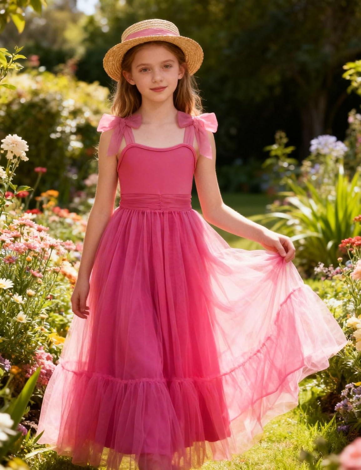 image:imageArshiner Girls Dresses Summer Sleeveless BowTie Straps Birthday Party Long Tulle DressHot Pink
