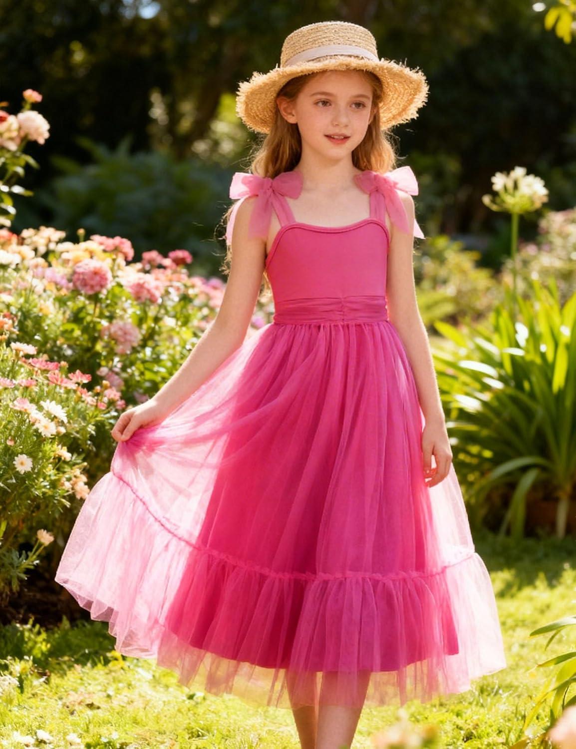 image:imageArshiner Girls Dresses Summer Sleeveless BowTie Straps Birthday Party Long Tulle DressHot Pink