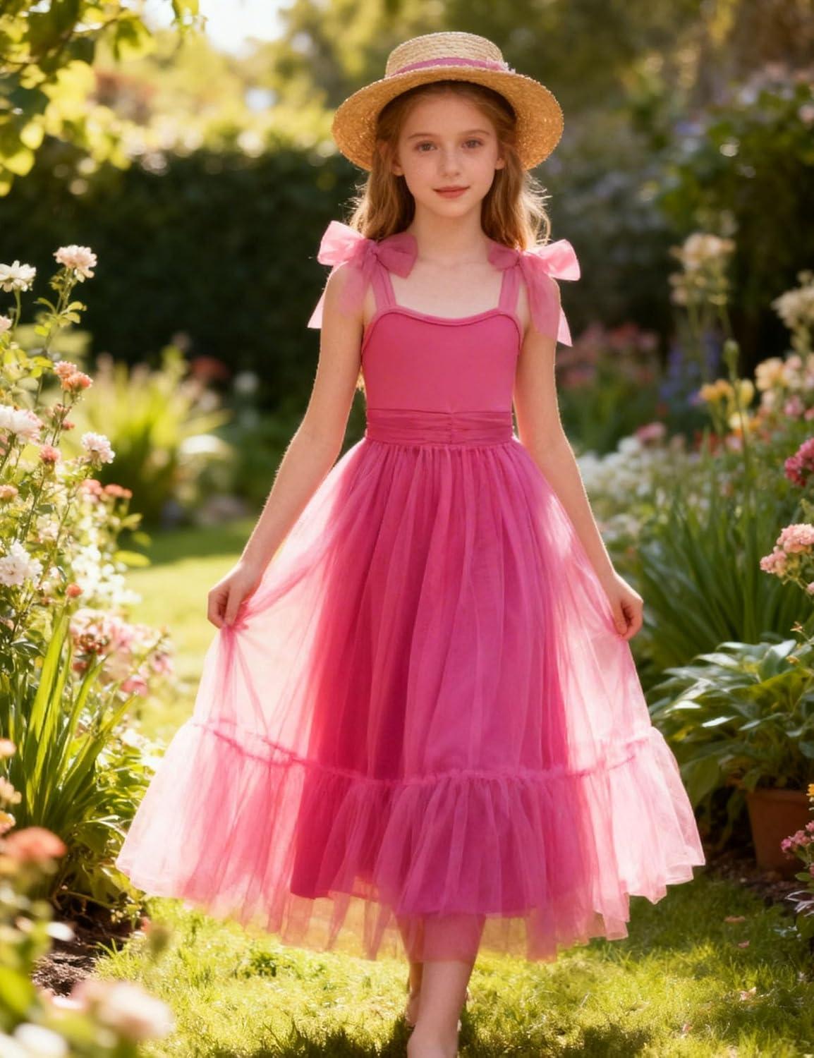 image:imageArshiner Girls Dresses Summer Sleeveless BowTie Straps Birthday Party Long Tulle DressHot Pink