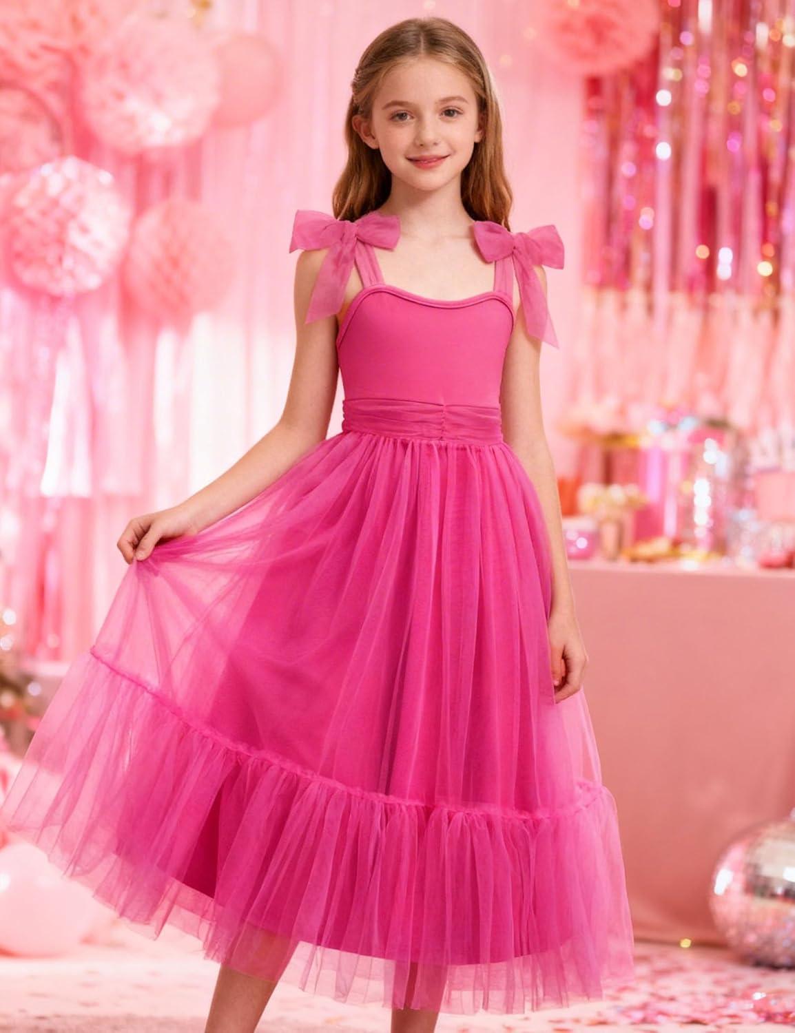 image:imageArshiner Girls Dresses Summer Sleeveless BowTie Straps Birthday Party Long Tulle DressHot Pink