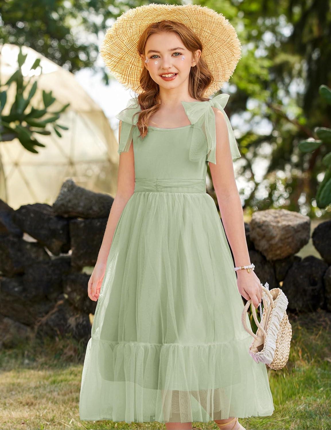 image:imageArshiner Girls Dresses Summer Sleeveless BowTie Straps Birthday Party Long Tulle DressSage Green