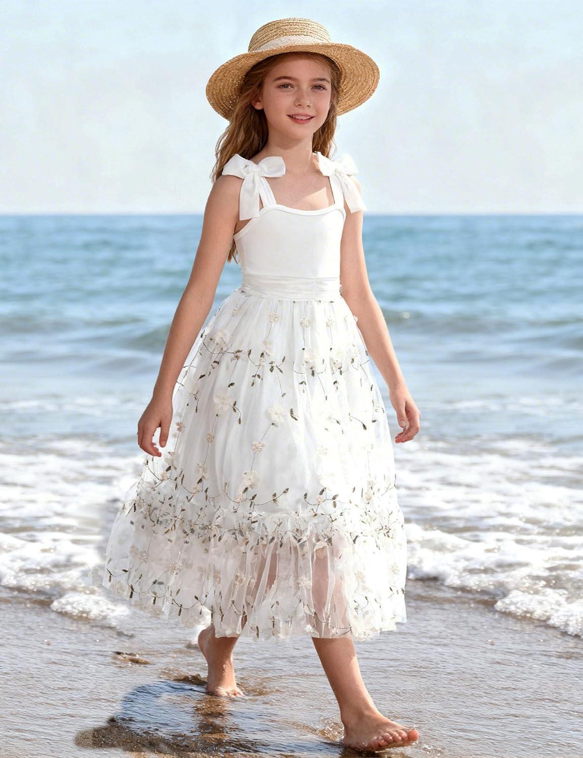 image:imageArshiner Girls Dresses Summer Sleeveless BowTie Straps Birthday Party Long Tulle DressWhite