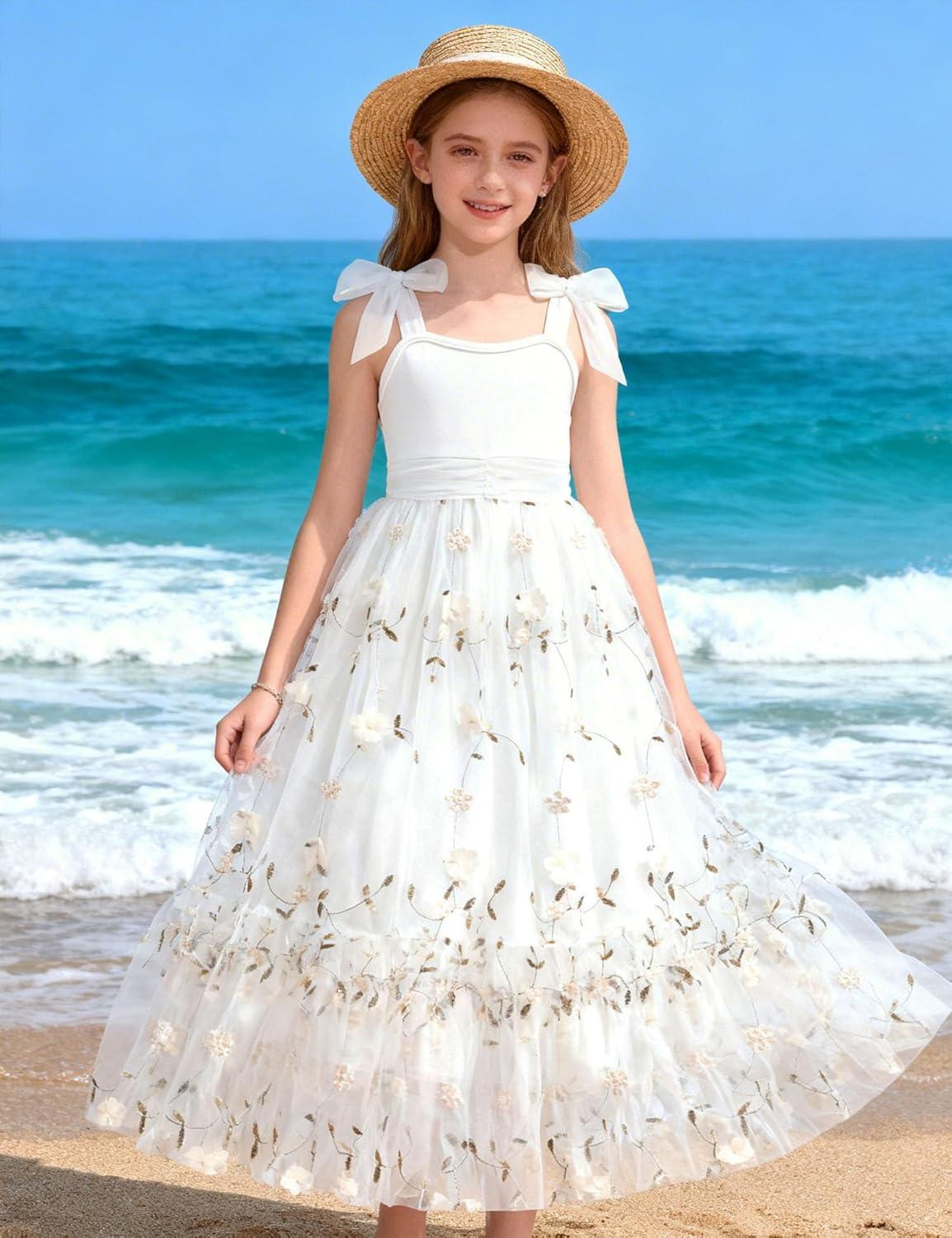 image:imageArshiner Girls Dresses Summer Sleeveless BowTie Straps Birthday Party Long Tulle DressWhite
