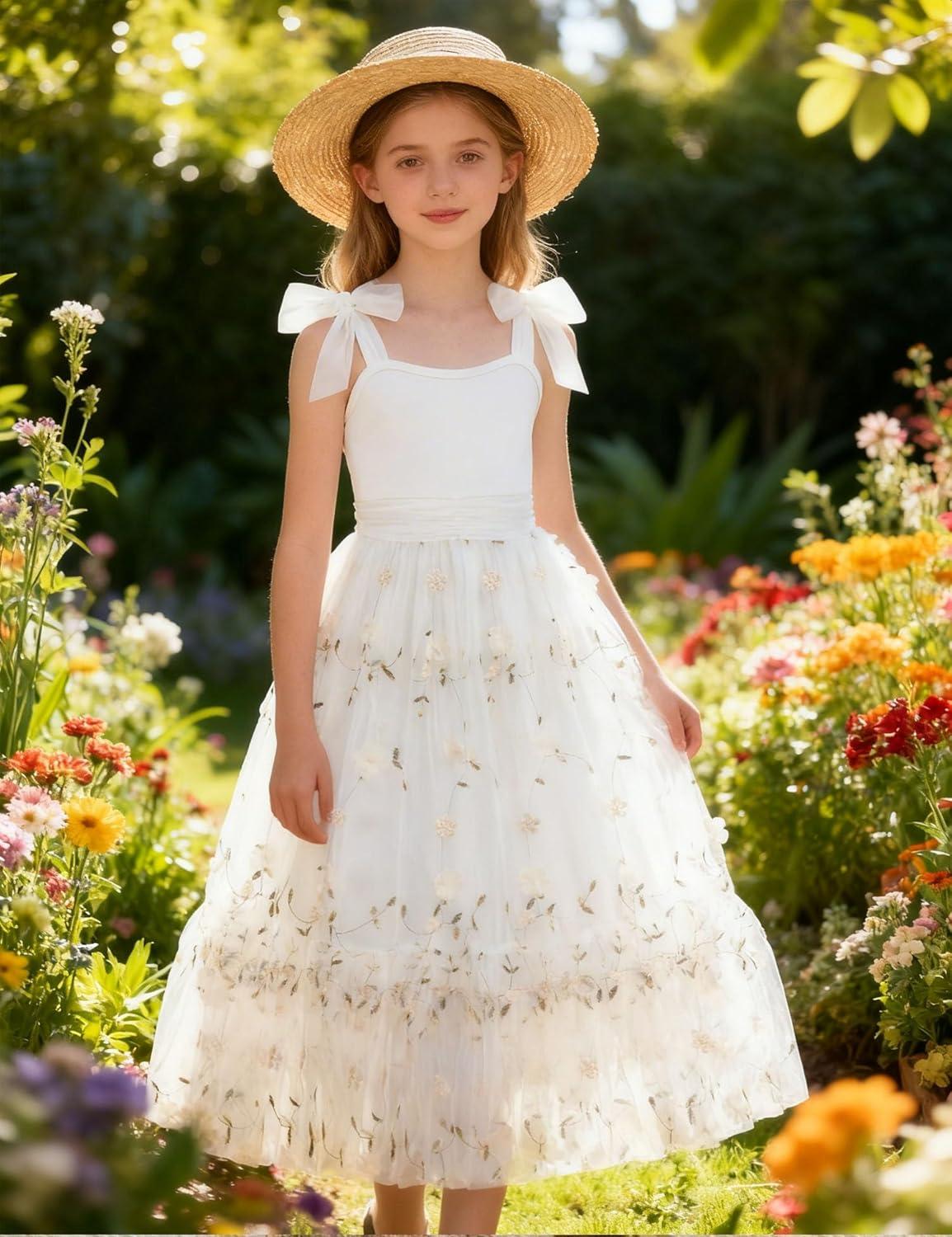 image:imageArshiner Girls Dresses Summer Sleeveless BowTie Straps Birthday Party Long Tulle DressWhite