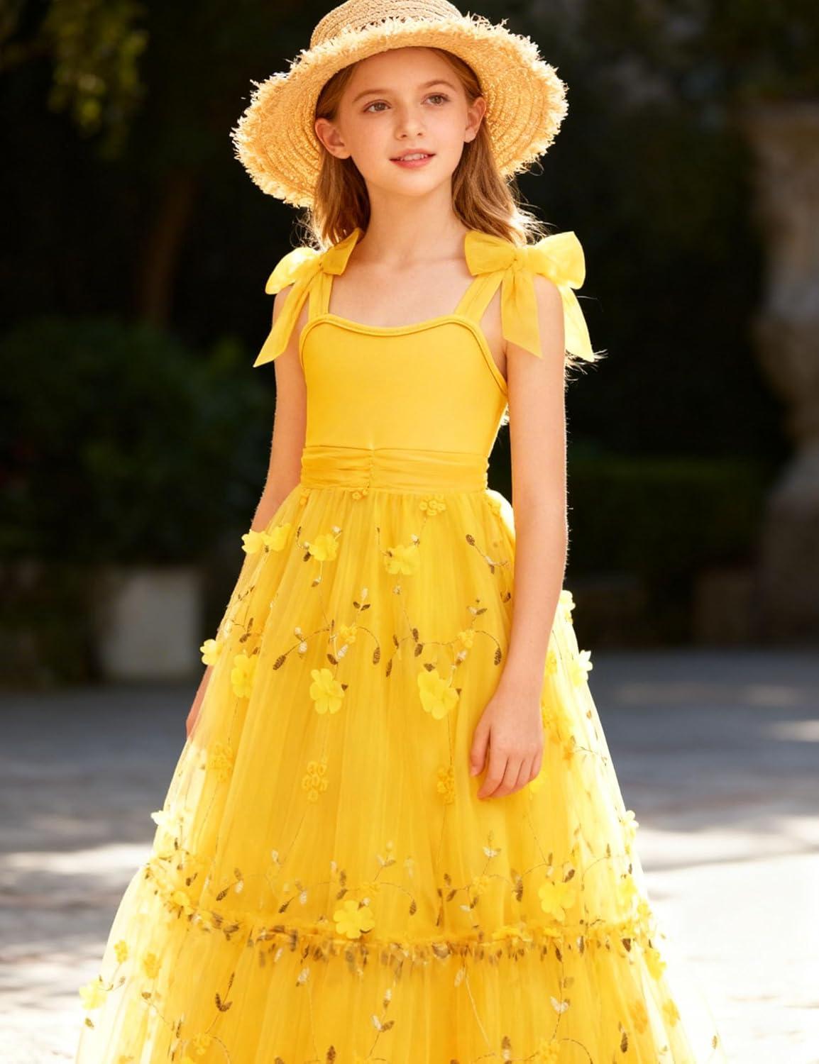 image:imageArshiner Girls Dresses Summer Sleeveless BowTie Straps Birthday Party Long Tulle DressYellow