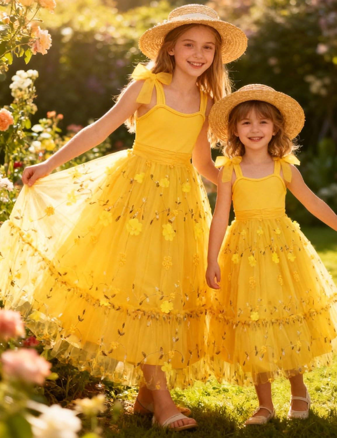 image:imageArshiner Girls Dresses Summer Sleeveless BowTie Straps Birthday Party Long Tulle DressYellow