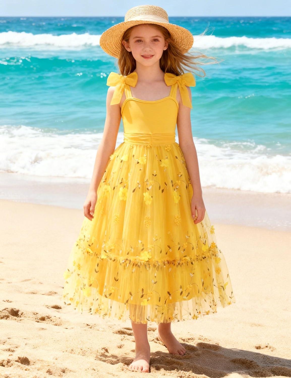 image:imageArshiner Girls Dresses Summer Sleeveless BowTie Straps Birthday Party Long Tulle DressYellow