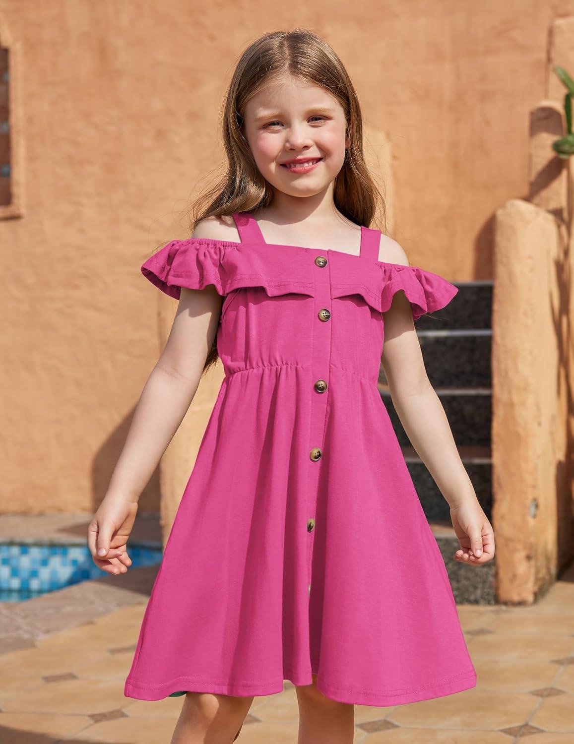 image:imageArshiner Girls Dresses Summer Spaghetti Strap Cold Shoulder Ruffle Button Down A Line DressesHot Pink