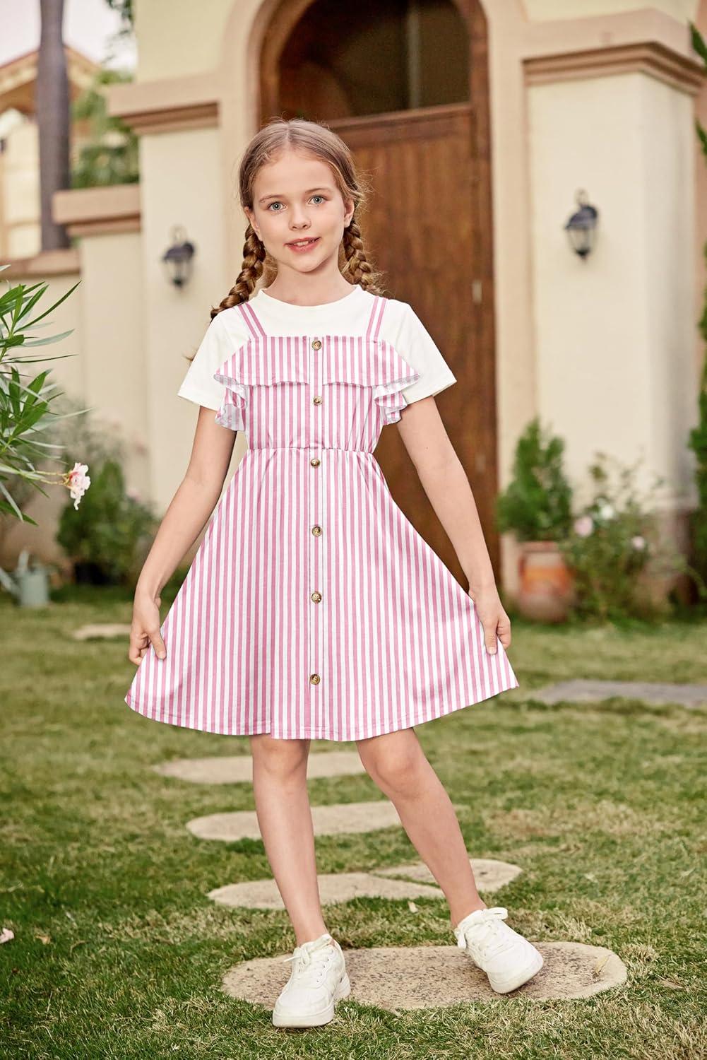 image:imageArshiner Girls Dresses Summer Spaghetti Strap Cold Shoulder Ruffle Button Down A Line DressesPink Stripe