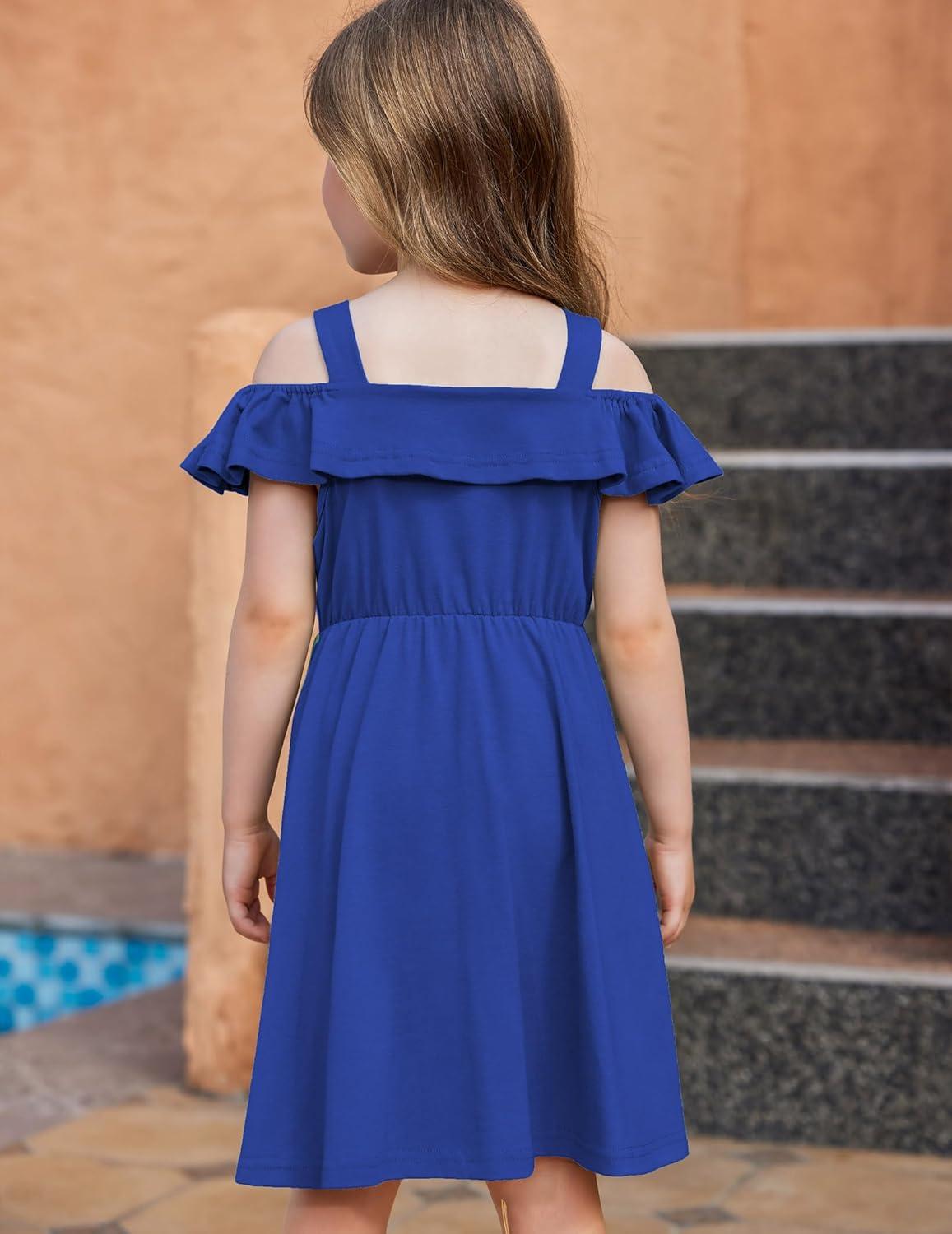 image:imageArshiner Girls Dresses Summer Spaghetti Strap Cold Shoulder Ruffle Button Down A Line DressesRoyal Blue
