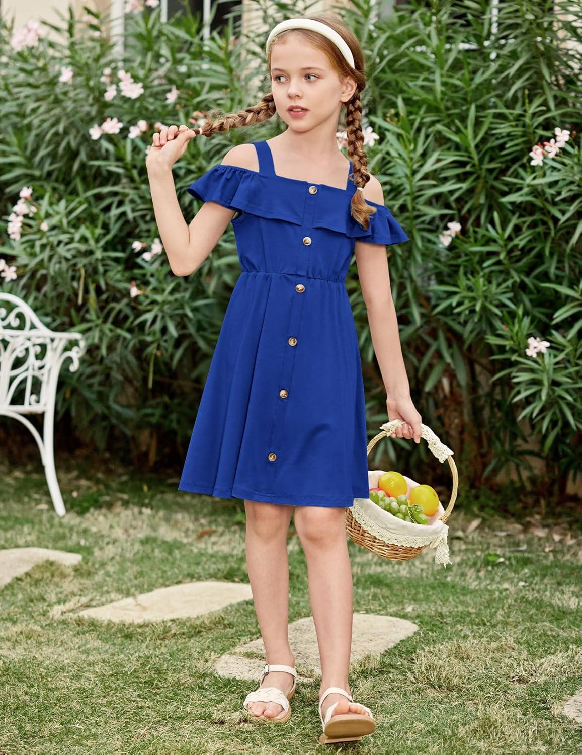 image:imageArshiner Girls Dresses Summer Spaghetti Strap Cold Shoulder Ruffle Button Down A Line DressesRoyal Blue