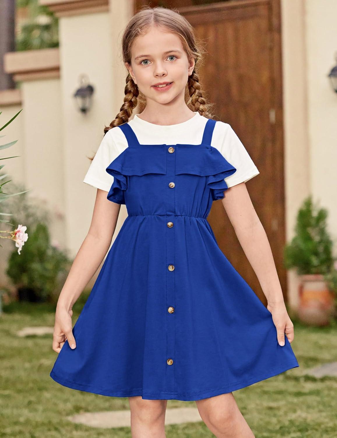 image:imageArshiner Girls Dresses Summer Spaghetti Strap Cold Shoulder Ruffle Button Down A Line DressesRoyal Blue