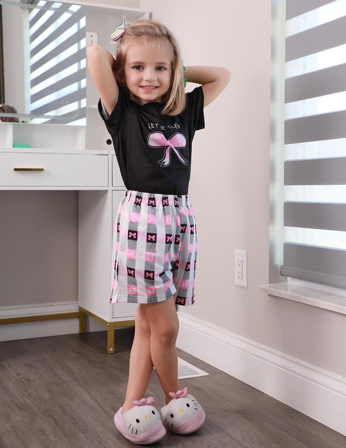 image:imageArshiner Girls Pajamas Set Short Sleeve Pjs Sleepwear 3PCS Summer Lounge Sets NightwearBow Plaid