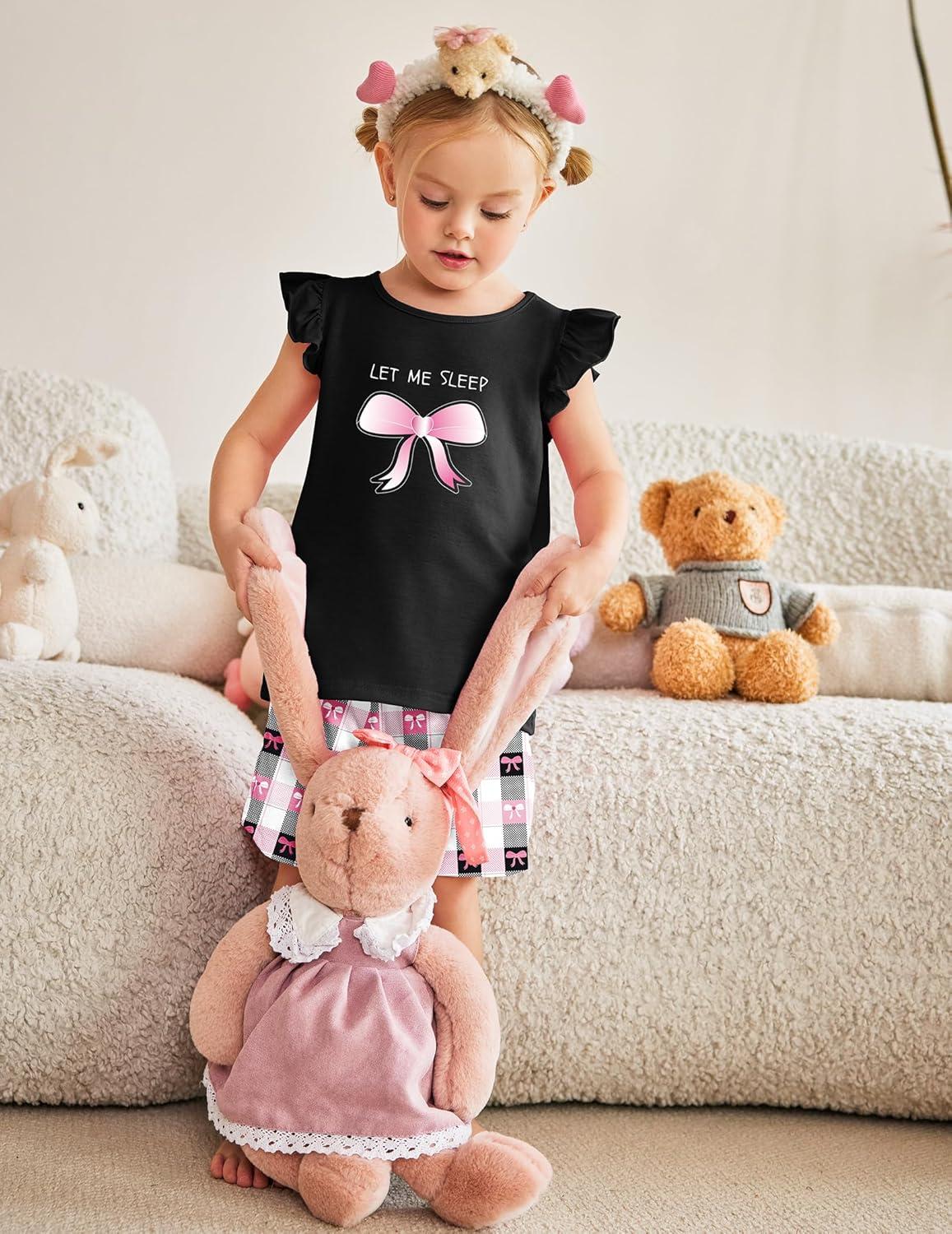 image:imageArshiner Girls Pajamas Set Short Sleeve Pjs Sleepwear 3PCS Summer Lounge Sets NightwearBow Plaid