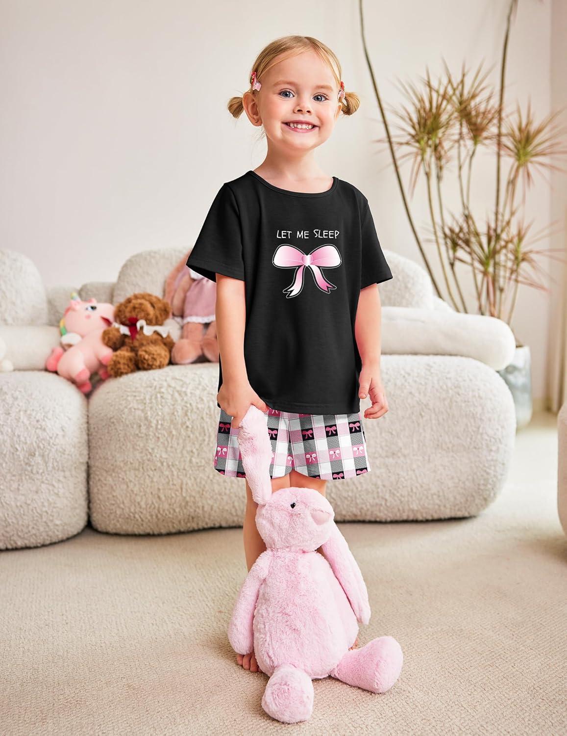 image:imageArshiner Girls Pajamas Set Short Sleeve Pjs Sleepwear 3PCS Summer Lounge Sets NightwearBow Plaid