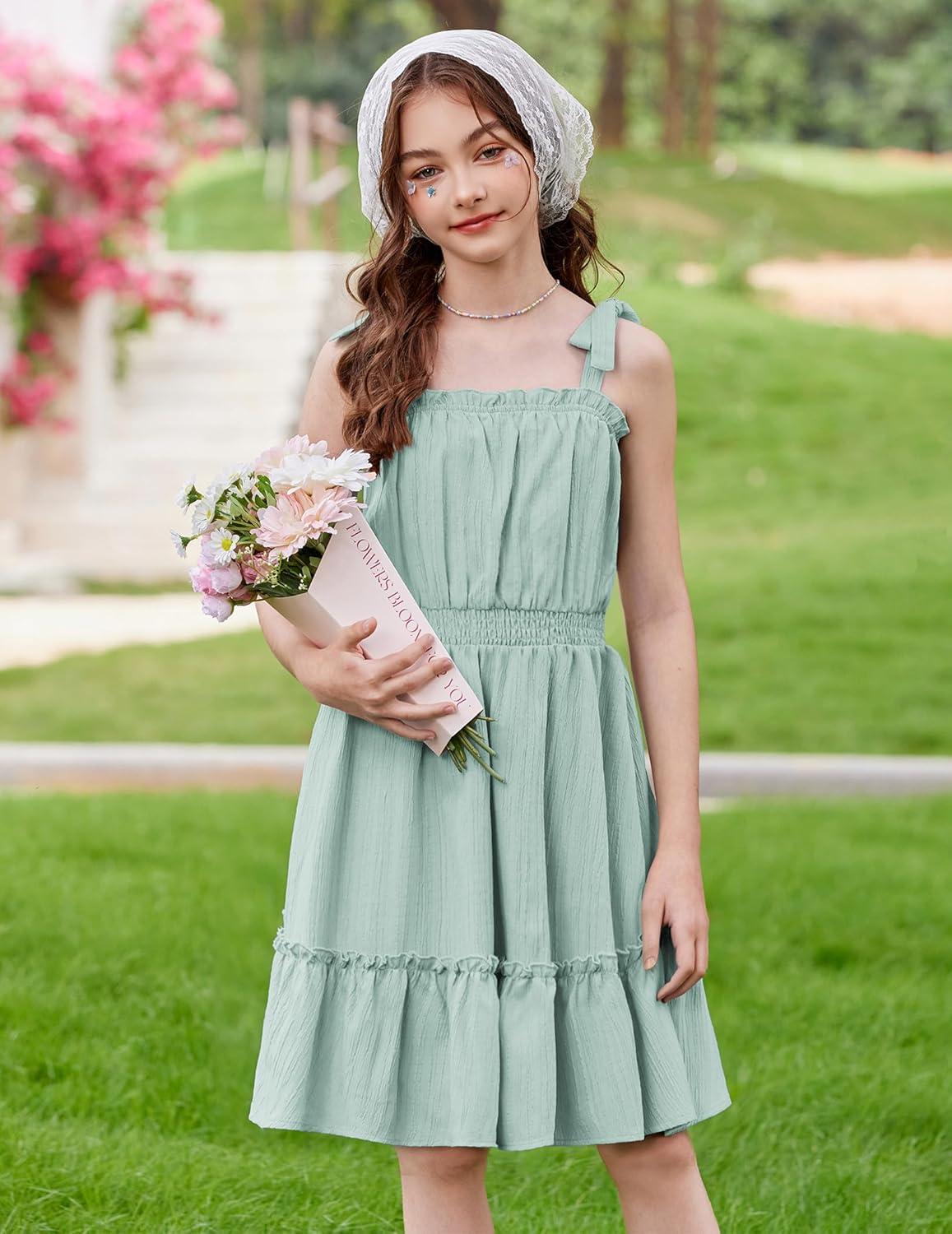 image:imageArshiner Girls Summer Dress BowTie Straps Sleeveless Flowy Ruffle Trim Boho Beach Casual SundressIce Green
