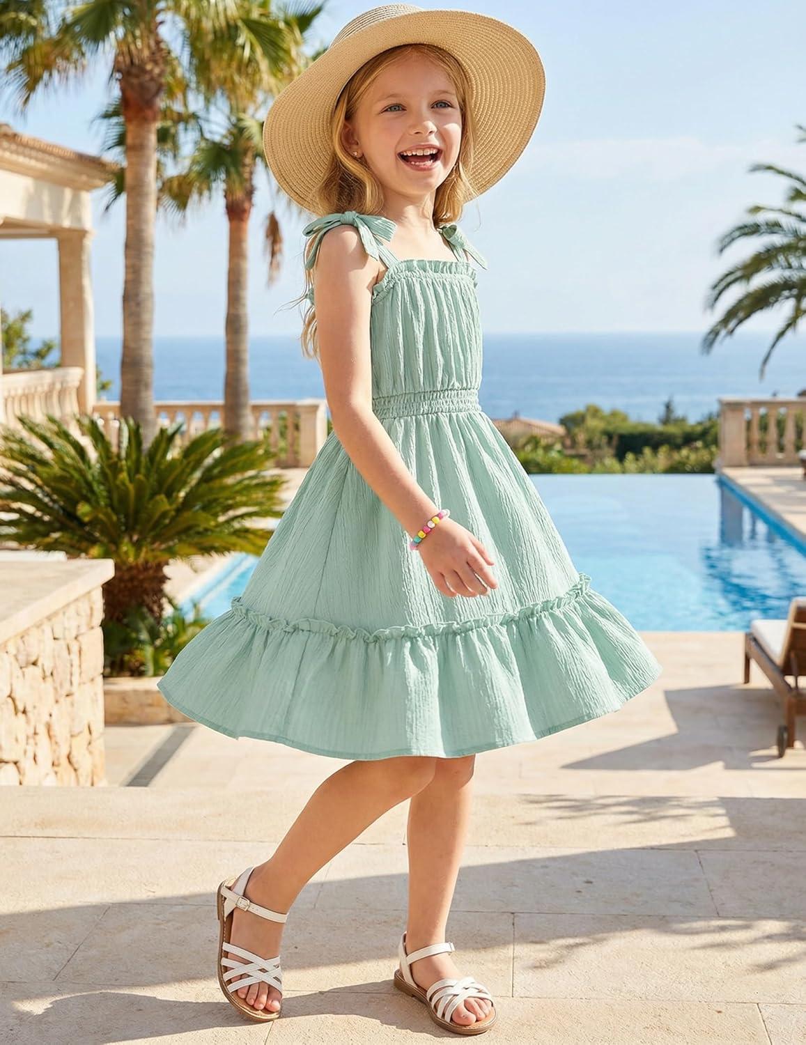 image:imageArshiner Girls Summer Dress BowTie Straps Sleeveless Flowy Ruffle Trim Boho Beach Casual SundressIce Green