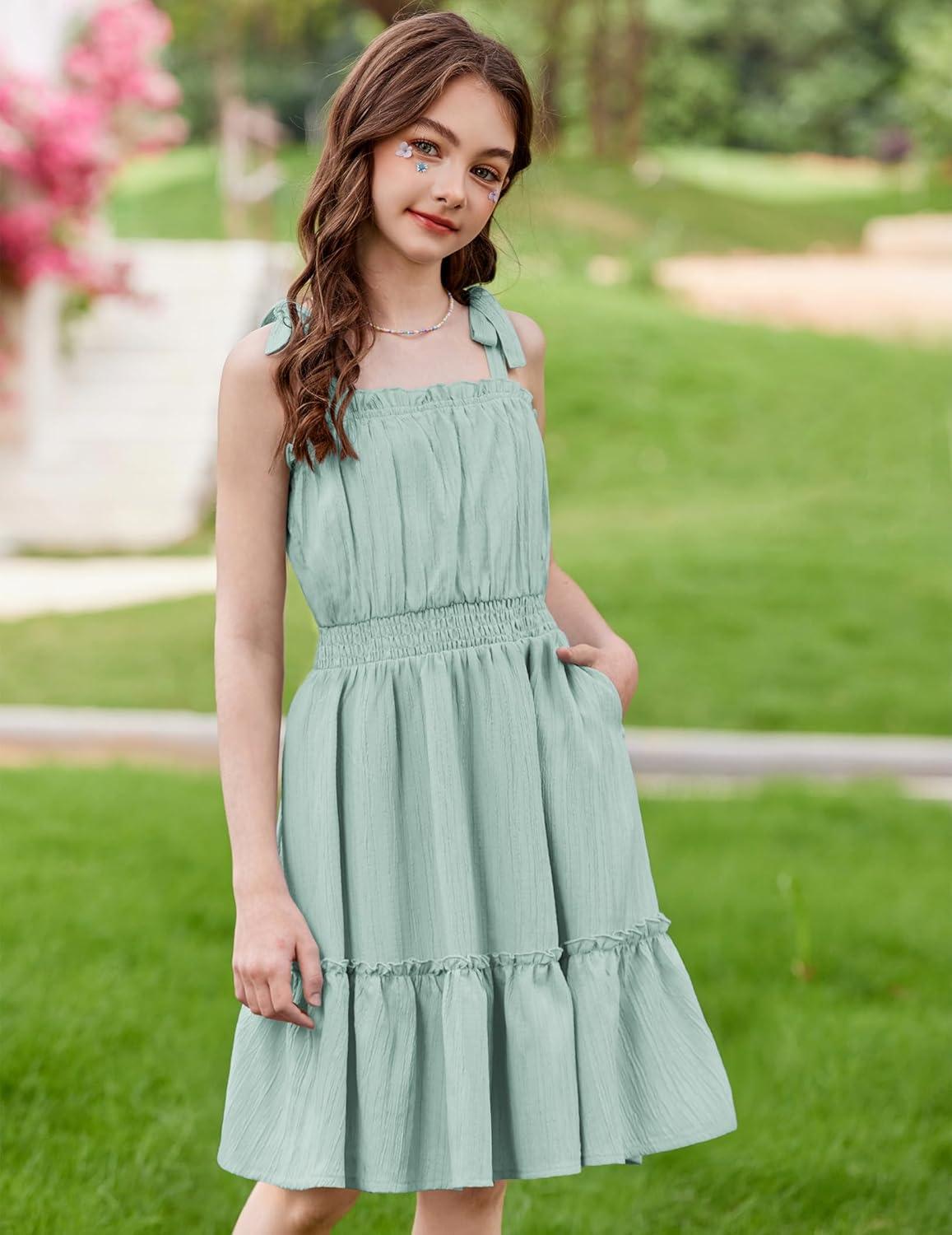 image:imageArshiner Girls Summer Dress BowTie Straps Sleeveless Flowy Ruffle Trim Boho Beach Casual SundressIce Green