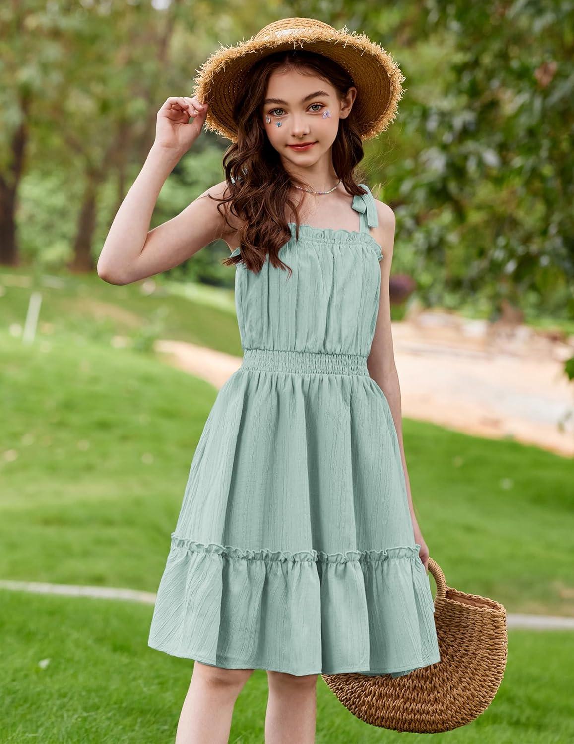 image:imageArshiner Girls Summer Dress BowTie Straps Sleeveless Flowy Ruffle Trim Boho Beach Casual SundressIce Green