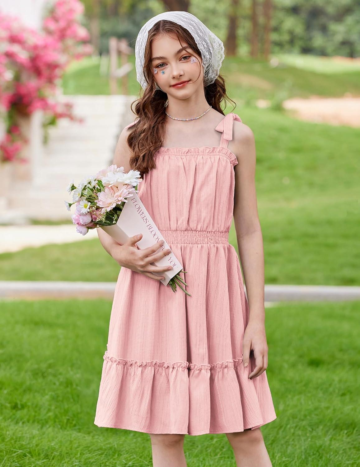 image:imageArshiner Girls Summer Dress BowTie Straps Sleeveless Flowy Ruffle Trim Boho Beach Casual SundressLight Pink