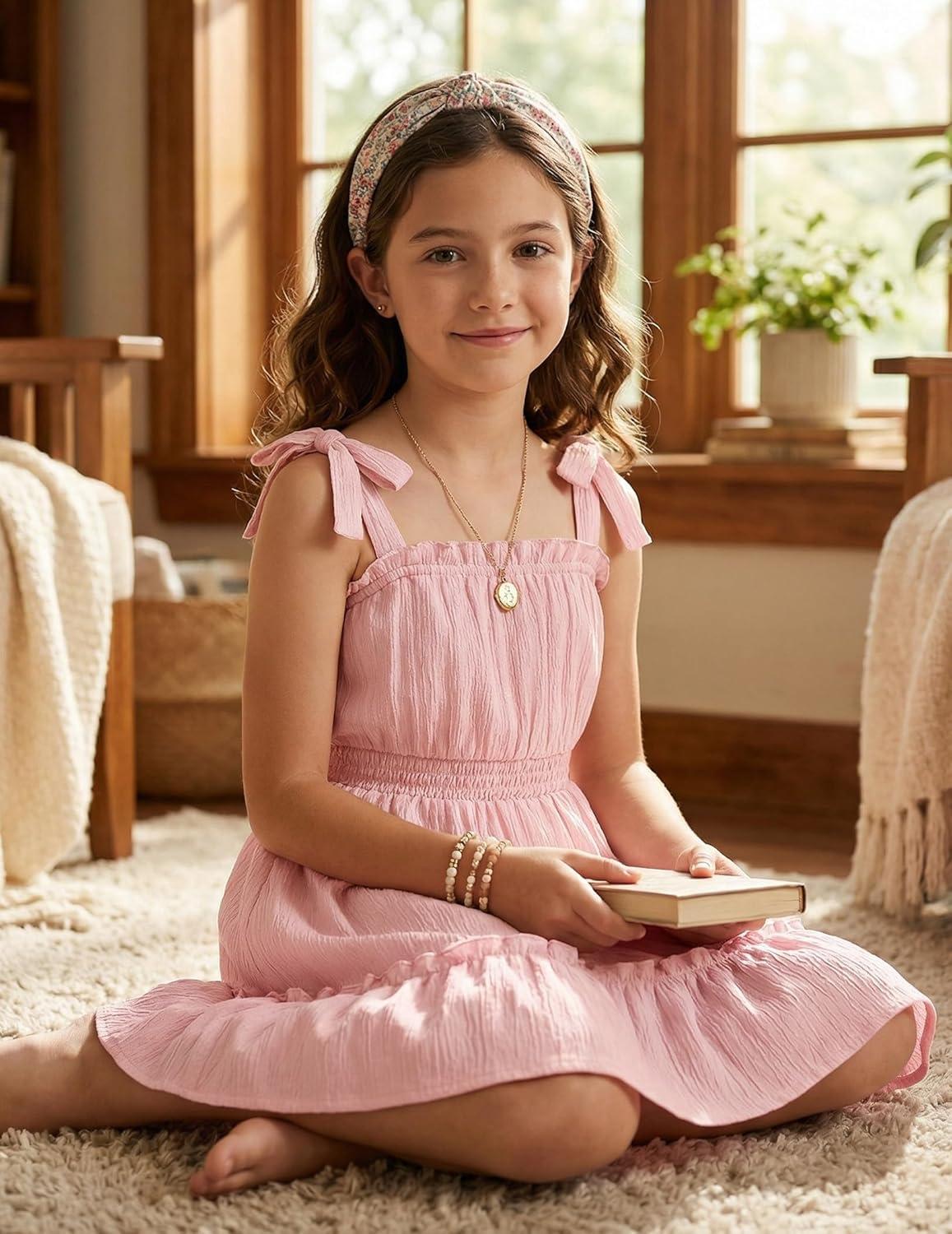 image:imageArshiner Girls Summer Dress BowTie Straps Sleeveless Flowy Ruffle Trim Boho Beach Casual SundressLight Pink