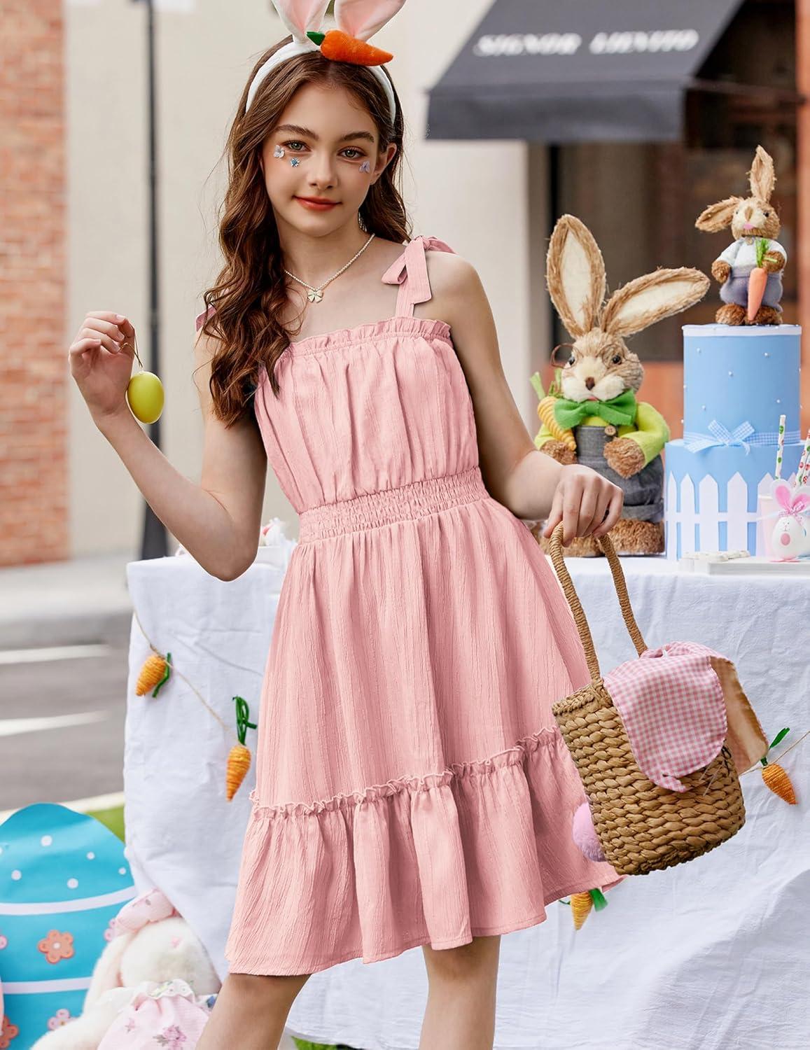 image:imageArshiner Girls Summer Dress BowTie Straps Sleeveless Flowy Ruffle Trim Boho Beach Casual SundressLight Pink