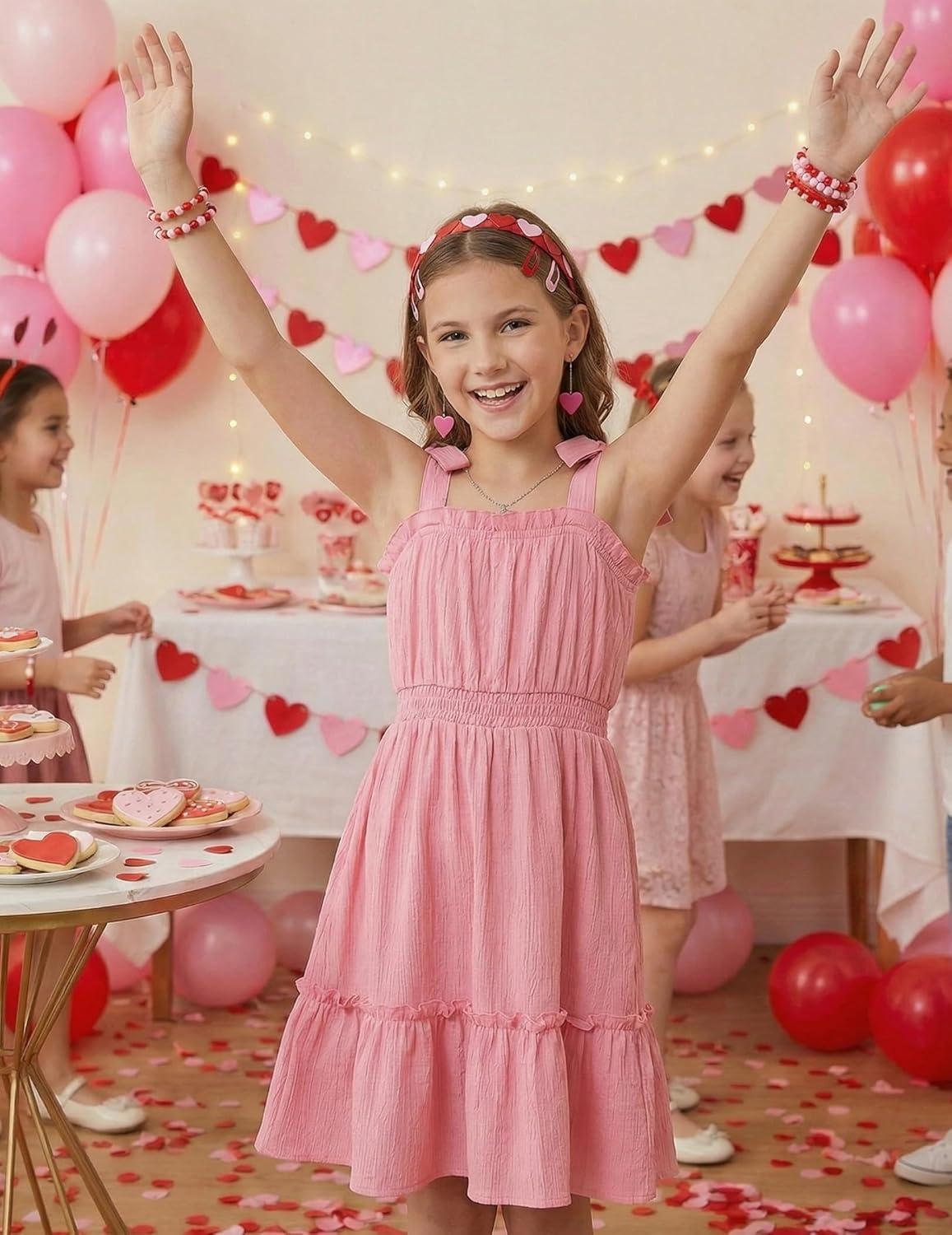 image:imageArshiner Girls Summer Dress BowTie Straps Sleeveless Flowy Ruffle Trim Boho Beach Casual SundressLight Pink