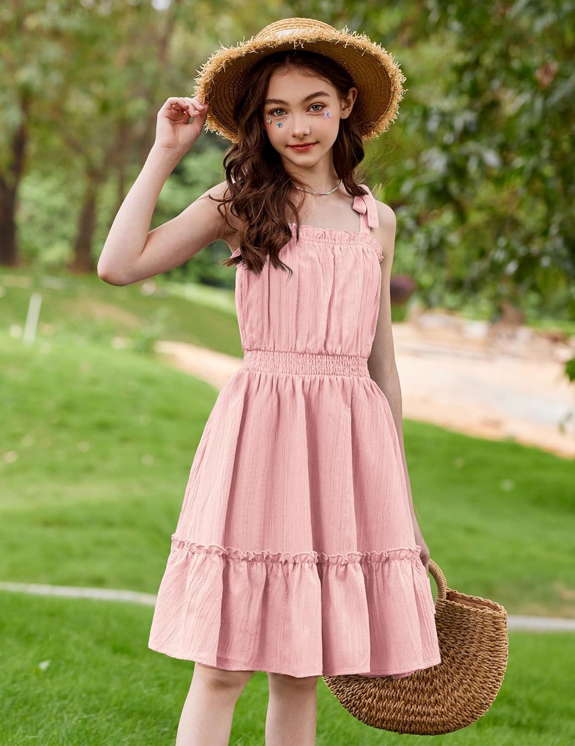 image:imageArshiner Girls Summer Dress BowTie Straps Sleeveless Flowy Ruffle Trim Boho Beach Casual SundressLight Pink