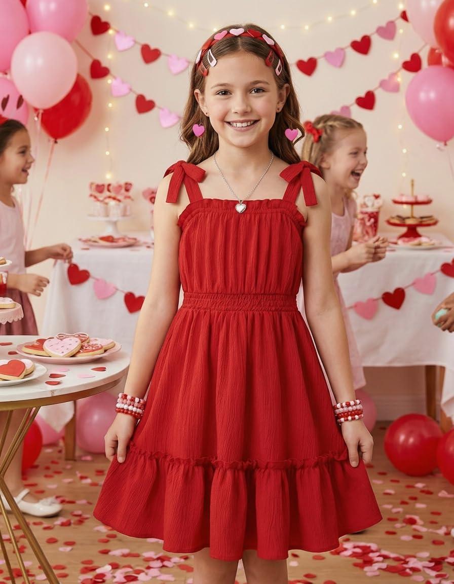 image:imageArshiner Girls Summer Dress BowTie Straps Sleeveless Flowy Ruffle Trim Boho Beach Casual SundressRed