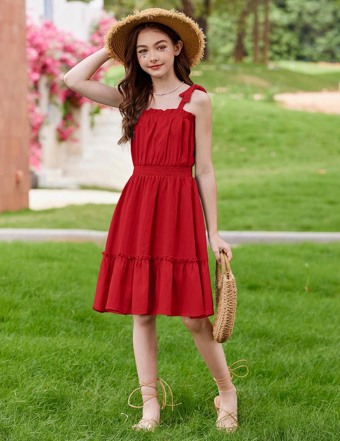 image:imageArshiner Girls Summer Dress BowTie Straps Sleeveless Flowy Ruffle Trim Boho Beach Casual SundressRed