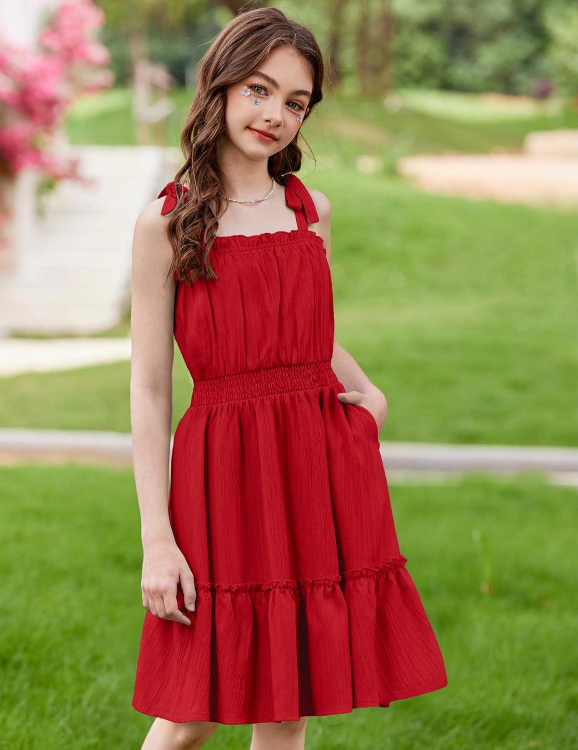 image:imageArshiner Girls Summer Dress BowTie Straps Sleeveless Flowy Ruffle Trim Boho Beach Casual SundressRed