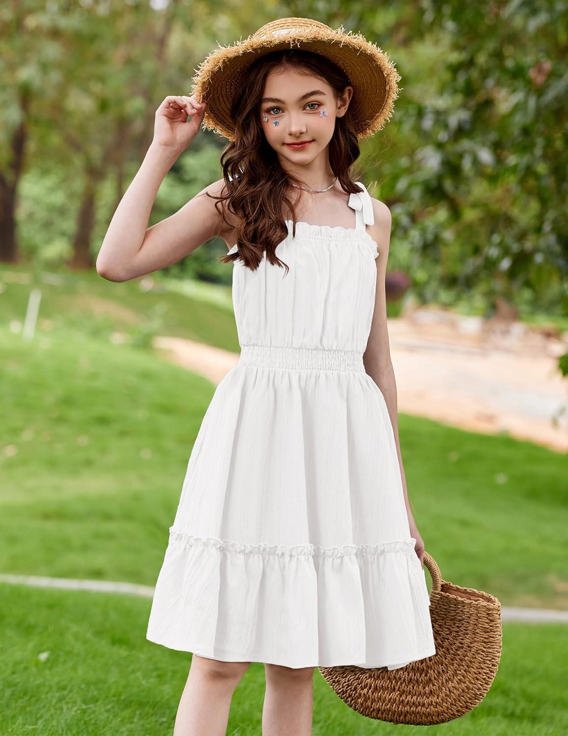 image:imageArshiner Girls Summer Dress BowTie Straps Sleeveless Flowy Ruffle Trim Boho Beach Casual SundressWhite